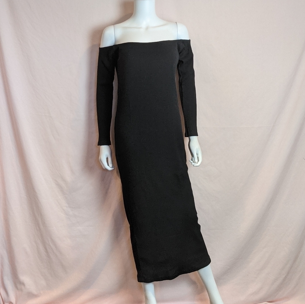 Boohoo Black Ribbed Off Shoulder Midi Dress size 14